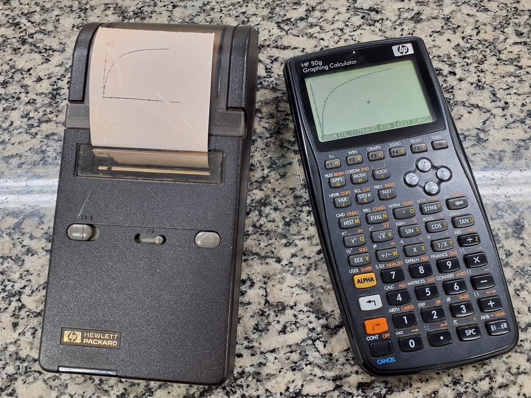 Hewlett-Packard HP 50g graphing calculator and the 82240B infrared thermal printer. The screen and printout show a simulation of Langmuir adsorption isotherm data and a Gauss–Newton nonlinear fit for a ligand–protein complex. Source: Author.