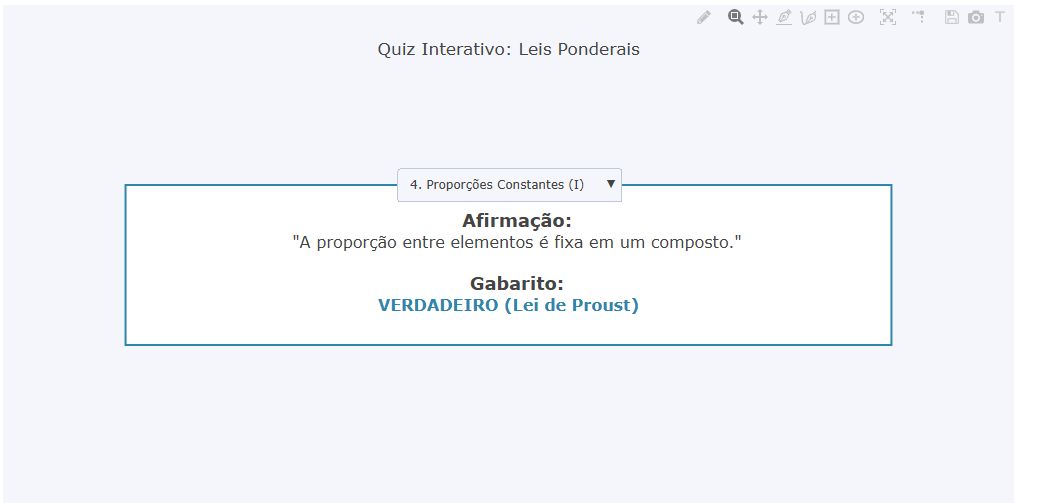 Interface gráfica do quiz interativo sobre Leis Ponderais.