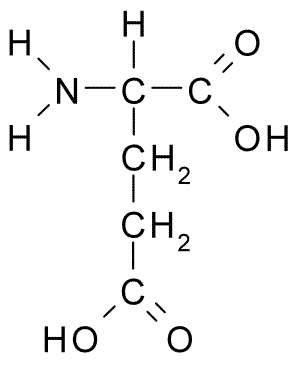 Fórmula estrutural planar para o ácido glutâmico (Wikimedia).